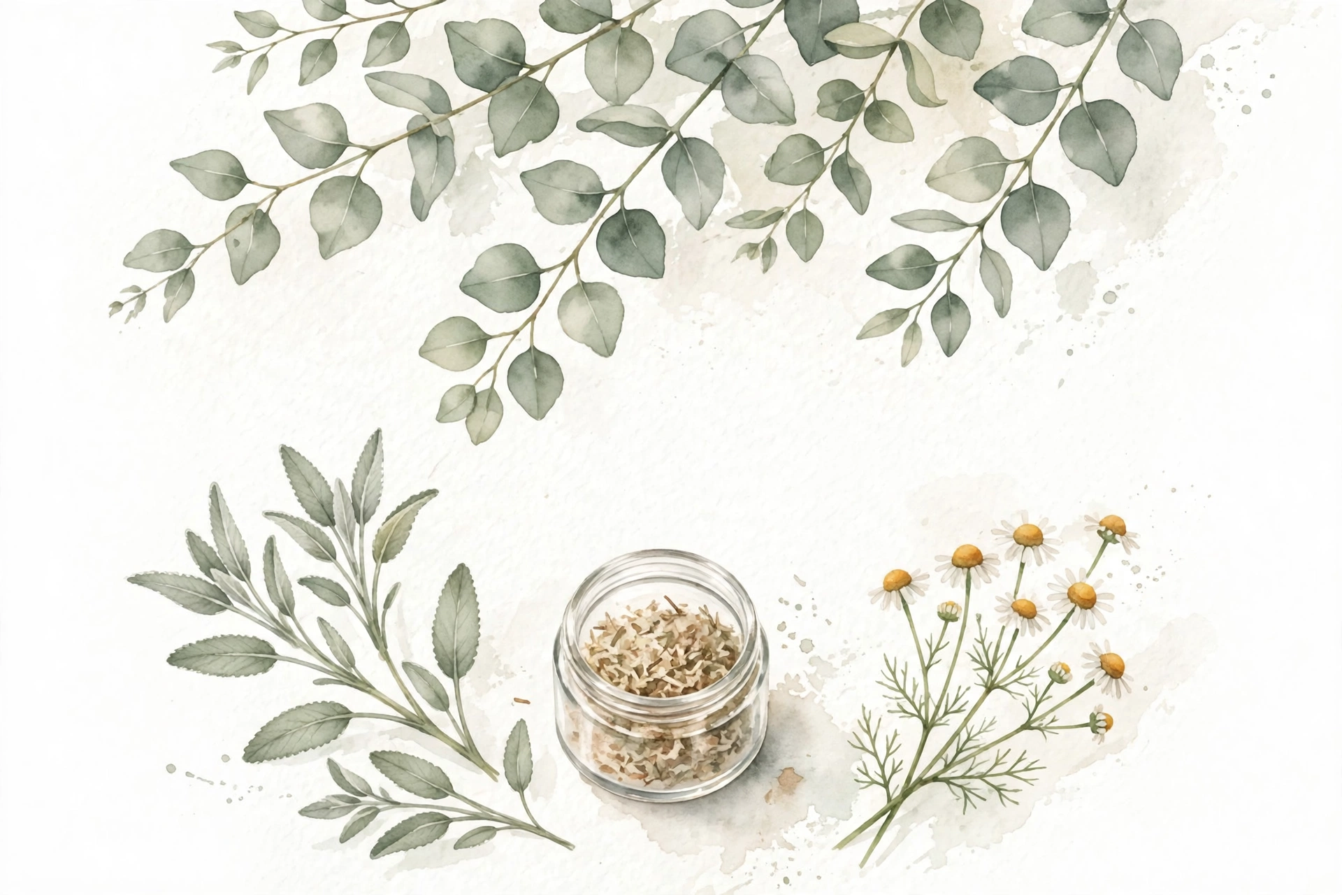 Watercolor botanical illustration of sage, chamomile, and an open glass jar of dried herbs