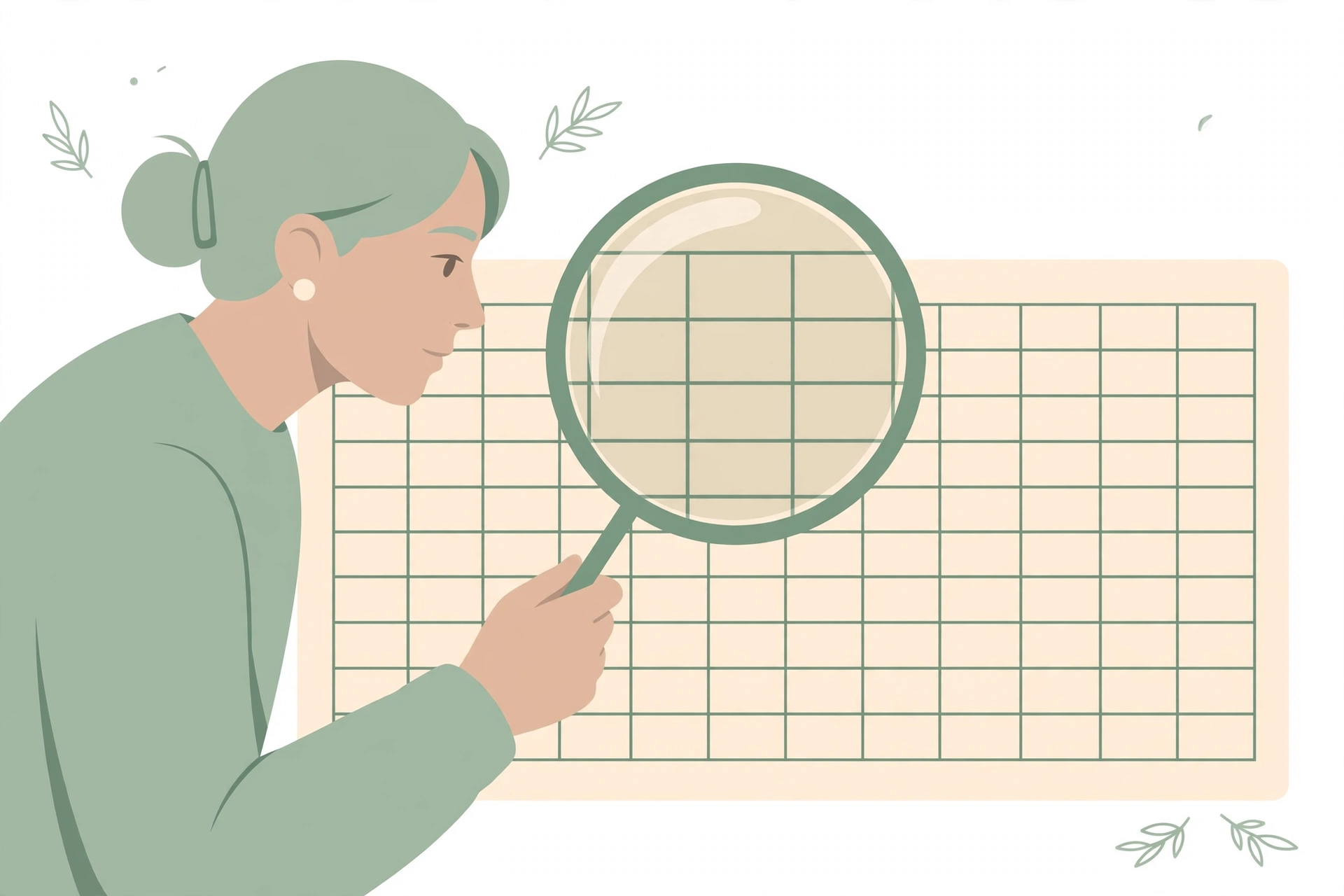 Illustration of a person examining a large supplement facts panel with a magnifying glass