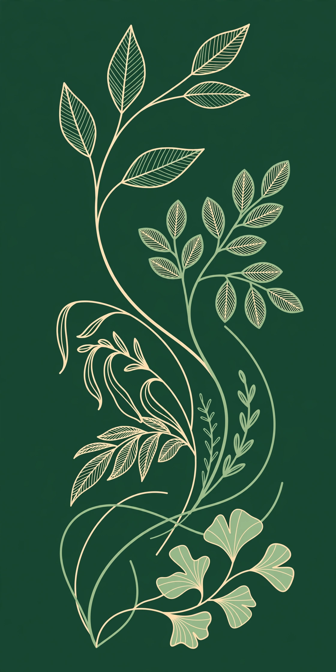 Abstract botanical line illustration of stylized leaves and flowing stems