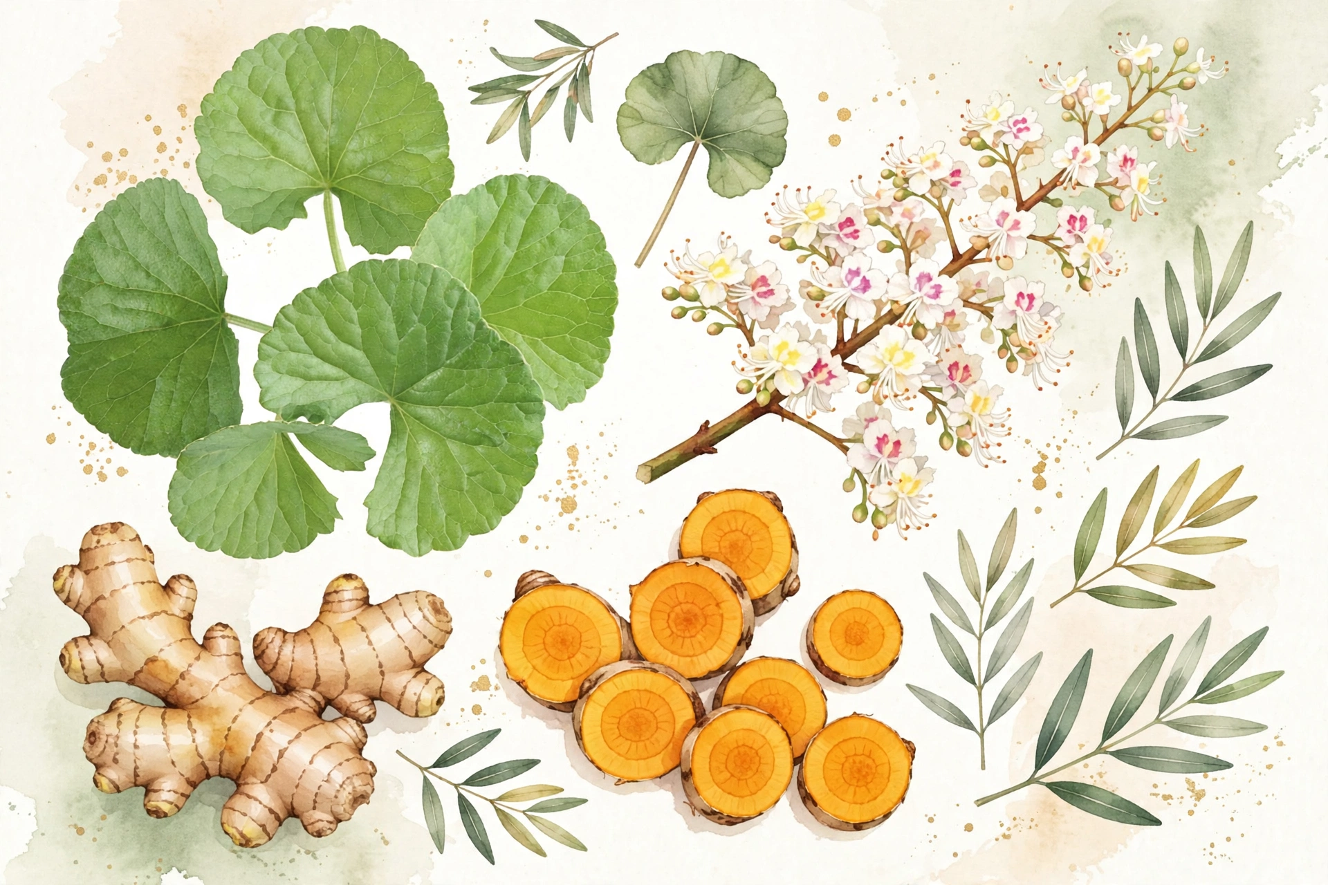 Watercolor botanical illustration of turmeric, ginger, gotu kola leaves, and horse chestnut blossoms